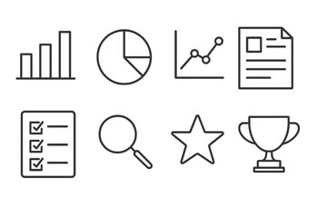 Feedback Analytics Icons. Line style icons for feedback and analytics: bar chart, pie chart, line graph, report, checklist,