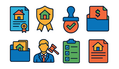 Flat vector icons of real estate legal and compliance: property title document, real estate license badge, zoning compliance stamp, property tax file, HOA agreement folder, legal advisor icon, due