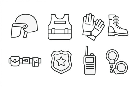 Police Gear Icons. Line style icons of police gear: helmet, bulletproof vest, gloves, boots, utility belt, badge, radio, handcuffs