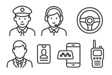 Taxi Driver Icons. Line style icons of taxi drivers: driver with cap, headset, steering wheel, uniform, ID badge, taxi badge,