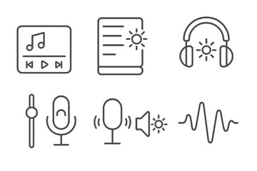 Light Theme Audio Icons. Line style icons of light theme: music player light UI, playlist sun icon, equalizer in bright theme,
