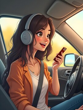 Young woman enjoys music while sitting in her car, smiling happily during a sunny afternoon