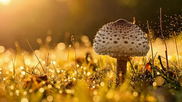 Parasol mushroom standing in tall grass with dew drops at golden hour sunrise in autumn season.