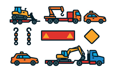 Flat vector icons of construction vehicles in transport: lowbed trailer carrying dozer, flatbed truck with crane, heavy equipment convoy, pilot escort vehicle, load securement chains, transport