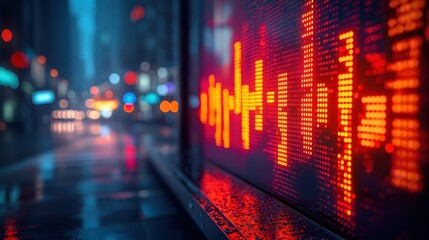 Red financial graph shines in rainy urban nightscape