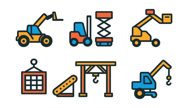 Flat vector icons of lifting and material handling machines: telescopic handler, forklift truck icon, scissor lift platform, boom lift vehicle, construction hoist cage, material conveyor belt, site