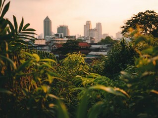 Lush foliage frames a cityscape at sunset.