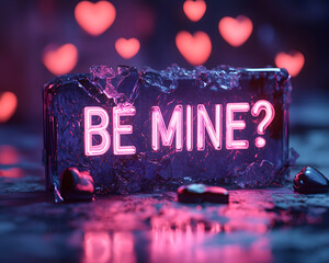 "BE MINE?" Pink Neon Sign on Ice - Valentine's Day Love