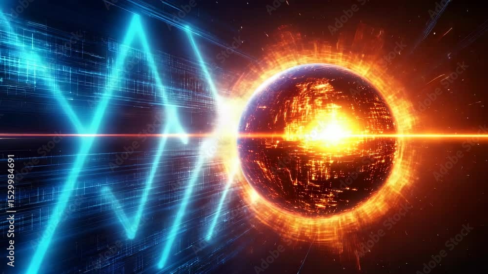 Poster energetic digital sphere with data stream visualization in abstract blue and orange