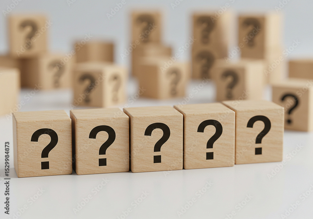 Aufkleber question mark blocks wooden cubes concept of questions uncertainty and confusion solving problems id