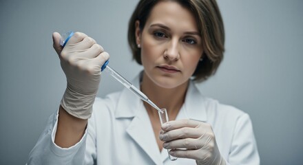 Young woman scientist in white coat working with pipette and test tube in laboratory. Medical experiment and diagnosis concept.