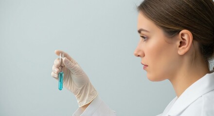 Woman scientist looking at a test tube with blue liquid in a lab. Concept of chemistry, medicine, and research for scientific progress.