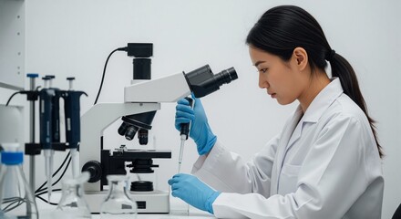 Asian woman scientist in white lab coat using pipette and holding tube at desk with microscope. Biotechnology concept.