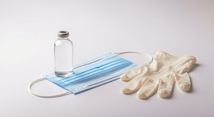Vaccine vial, blue medical face mask, and white latex glove for protection against virus or disease. Health and hygiene concept.