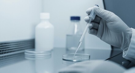 Hand in white glove holding a pipette above a petri dish, dropping liquid inside in a laboratory setting. A scientific experiment in blue tones.