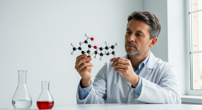 Caucasian man, a scientist or researcher in a white lab coat, holding and examining a molecular model. Concept of scientific research, discovery, and chemical analysis.