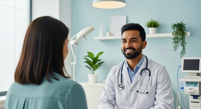 Positive indian man doctor in white lab coat and stethoscope smiling to woman patient in medical clinic during consultation.