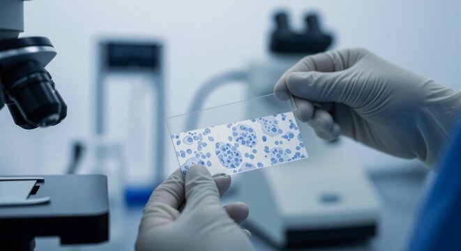 Scientist holds a microscopic slide with cells in lab. Medical research using biotechnology. Examination under a microscope for diagnostics.