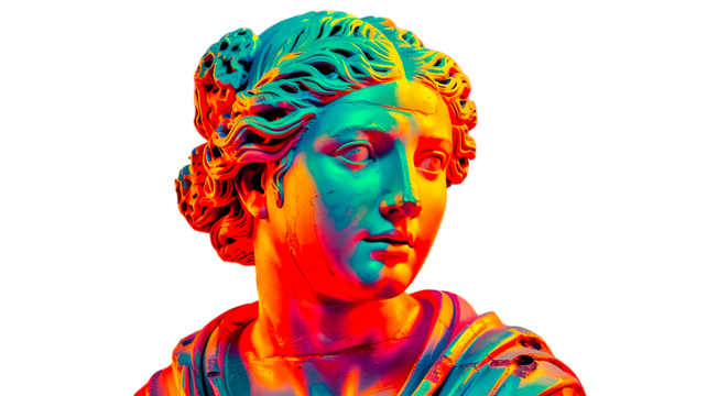 Classical Greek goddess statue transformed with vibrant neon colors of emerald, orange and red, creating a striking fusion of ancient art and contemporary digital aesthetics.