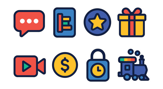 Flat vector icons of game streaming audience interaction: live chat stream, viewer poll bar, subscriber badge icon, gift sub alert, clip creation icon, superchat coin, slow mode lock, hype train
