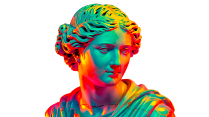 Classical Greek goddess statue transformed with vibrant neon colors of emerald, orange and red, creating a striking fusion of ancient art and contemporary digital aesthetics.