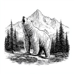 Roaring Bear in Mountainous Wilderness: Vintage Wildlife Print in Black and White