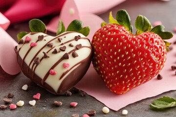 Strawberry and white chocolate heart truffle with romantic decorations, perfect for dessert menus, romantic gift guides, or seasonal promotions.