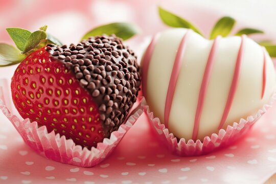 Creative close-up of decorated strawberries and chocolate in heart shapes, ideal for Valentine's Day campaigns, sweet shop posters, or confectionery branding.