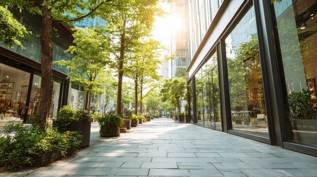 Urban street lined with shops and lush greenery.