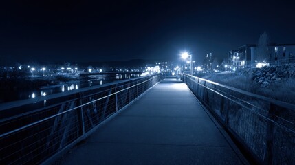 Obraz premium Empty pedestrian walkway at night over a waterway.