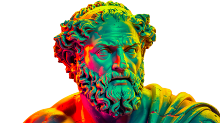 Classical Greek marble bust reimagined in vibrant neon colors, blending ancient sculptural art with modern digital aesthetics through dramatic red and turquoise lighting.