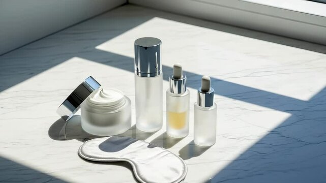 Skincare items including cream and serums are beautifully displayed on a marble surface, illuminated by natural light, creating an elegant atmosphere