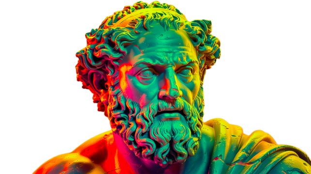 Classical Greek marble bust reimagined in vibrant neon colors, blending ancient sculptural art with modern digital aesthetics through dramatic red and turquoise lighting.