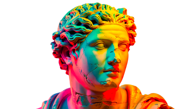 Ancient Greek marble bust illuminated in vibrant neon colors of turquoise and coral, blending classical sculpture with contemporary digital aesthetic.