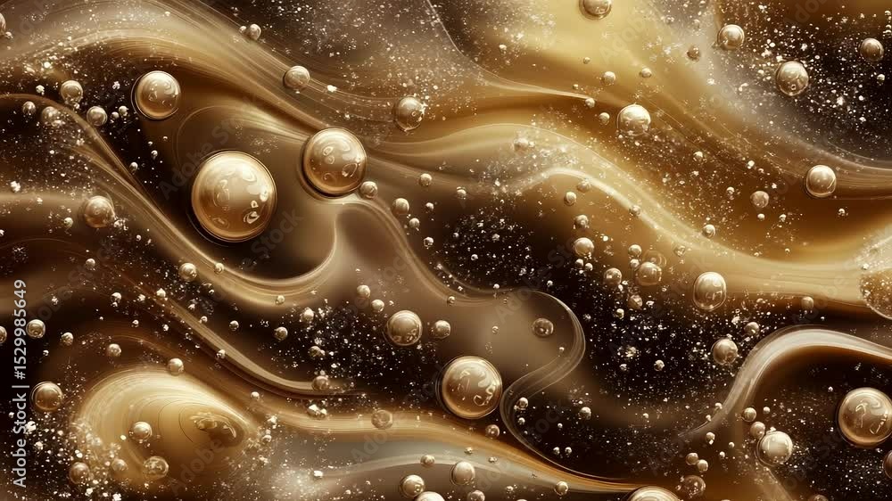 Poster golden liquid flowing with glittery bubbles creating an elegant and mesmerizing background