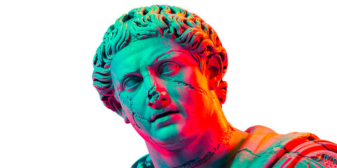 Ancient Greek marble bust illuminated in vibrant neon colors of turquoise and coral, blending classical sculpture with contemporary digital aesthetic.