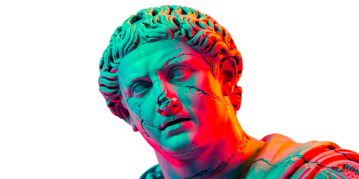 Ancient Greek marble bust illuminated in vibrant neon colors of turquoise and coral, blending classical sculpture with contemporary digital aesthetic.