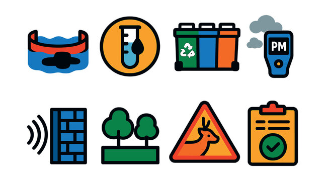 Flat vector icons of port environmental management: oil spill containment icon, water quality test badge, waste collection bins, air pollution monitor, noise barrier wall, green buffer zone, wildlife