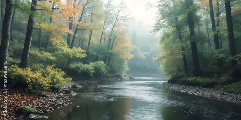 Poster a serene river flows through a misty forest with autumn foliage and towering trees on either side