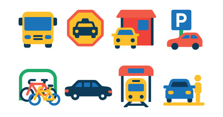 Flat vector icons of airport transportation: shuttle bus icon, taxi stand badge, rental car kiosk, parking lot, bicycle rack, limousine service, train station, passenger drop-off zone.