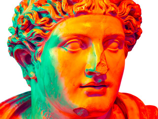 Ancient Greek marble bust illuminated in vibrant neon colors of turquoise and coral, blending classical sculpture with contemporary digital aesthetic.