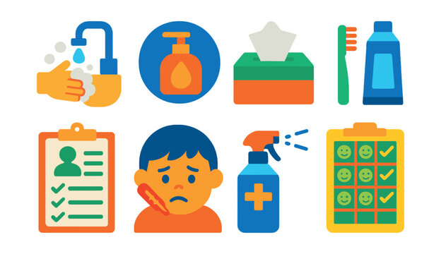 Flat vector icons of preschool health and hygiene: handwashing station icon, soap dispenser badge, tissue box, toothbrush and toothpaste, health checkup form, sick child icon, sanitizer spray,