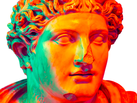 Ancient Greek marble bust illuminated in vibrant neon colors of turquoise and coral, blending classical sculpture with contemporary digital aesthetic.
