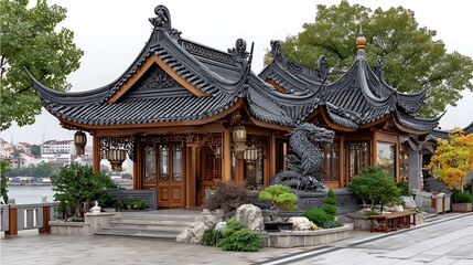Obraz premium Scenic pagoda architecture with floral surroundings and bonsai trees high resolution photo