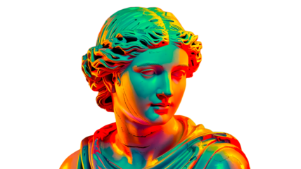 Classical Greek goddess statue transformed with vibrant neon colors of emerald, orange and red, creating a striking fusion of ancient art and contemporary digital aesthetics.