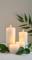 Serene composition of lit candles and green leaves creating a relaxing ambiance for calmness and tranquility on white surface