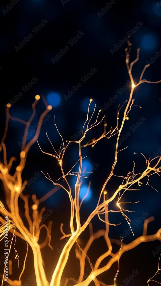 Poster glowing neuron cell with dendrites and axon showing neural network connections, impulse transmission
