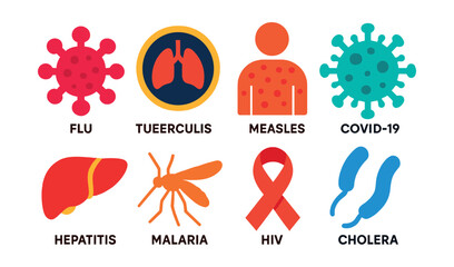 Flat vector icons of infectious diseases: flu virus icon, tuberculosis badge, measles rash, COVID-19 virus, hepatitis symbol, malaria mosquito, HIV ribbon, cholera bacteria.