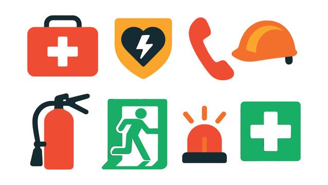 Flat vector icons of gym emergency and first aid: first aid kit icon, defibrillator badge, emergency phone, safety helmet, fire extinguisher, evacuation route, emergency alarm, medical cross.