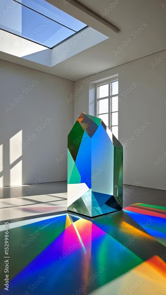 Poster prismatic crystal sculpture reflects rainbow light patterns on a floor in a gallery with skylight an
